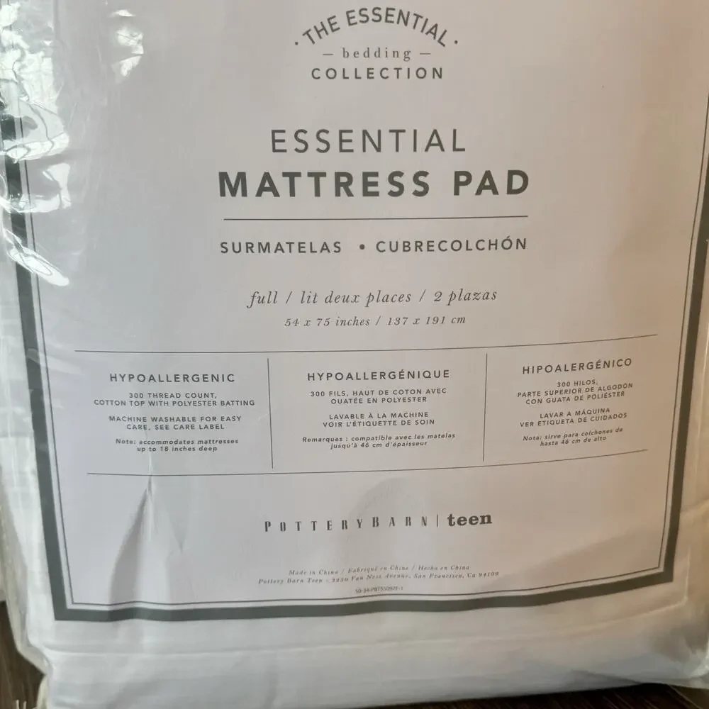 Pottery Barn Teen Essential Mattress Pad Cover WHITE FULL 54